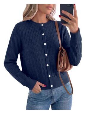 Cable Knit Button Up Cardigan Lightweight Crew Neck Sweater
